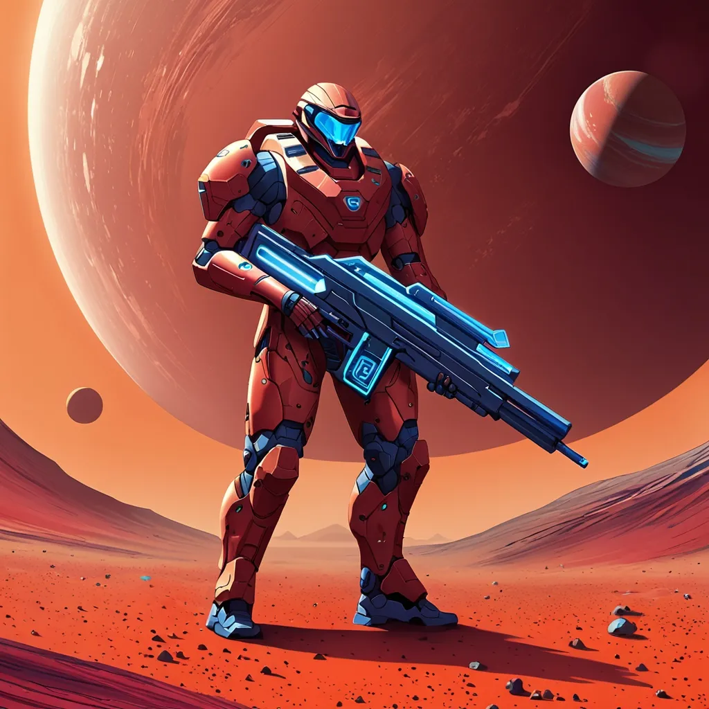 Prompt: Giant man orange hair blue eyes burgundy body armour carrying futuristic rifle on red dusty planet