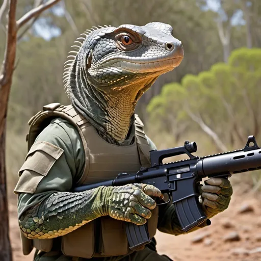 Prompt: Mutant goanna wearing army fatigues and body armour, carrying machine gun, Australian bush, highres, detailed scales, camouflage, intense gaze, rugged terrain, military-style, natural lighting