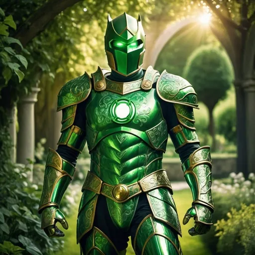 Prompt: Medieval knight as Green Lantern, detailed shiny armor with intricate engravings, lush green garden backdrop, heroic stance, medieval fantasy, vibrant green and gold tones, atmospheric lighting, highres, detailed, medieval, armor, heroic, lush garden, fantasy, vibrant tones, atmospheric lighting, detailed armor