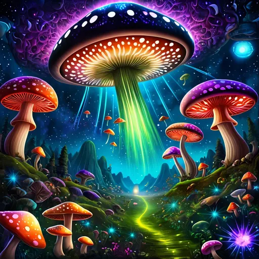 Prompt: (UFO mushroom invasion), vibrant colors, surreal imagination, fantastical landscape, giant mushrooms with glowing patterns, Sci-fi atmosphere, whimsical feel, alien spacecraft looming overhead, intricate details of mushrooms’ textures, scattered stars in the dark night sky, flora and fauna reacting to the invasion, HD quality, enthralling visuals, mesmerizing scene that captivates the viewer.