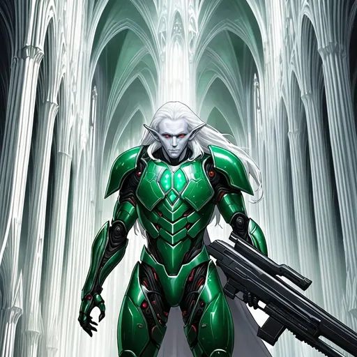 Prompt: Giant elf man with long white hair white skin red eyes wearing emerald coloured body armour carrying futuristic rifle in alien cathedral setting 