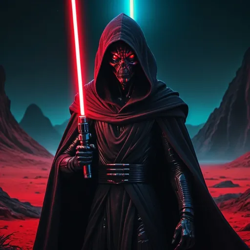 Prompt: (Alien Sith Lord), glowing red eyes, black hood and cape, holding red lightsaber, hostile alien planet, dramatic lighting, vibrant colors, dark and eerie atmosphere, otherworldly landscapes, surreal alien flora, intense shadows, ultra-detailed scene, cinematic quality, sci-fi theme, enchanting yet menacing vibes, high-resolution 4K.