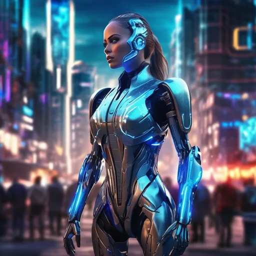 Prompt: Female android, cyborg design, futuristic aesthetics, sleek metallic surfaces, glowing circuits, expressive facial features, high-tech elements, dynamic pose, sci-fi ambiance, ultramodern city background, vibrant neon lights, captivating blue and silver tones, high-resolution, ultra-detailed, cinematic lighting, hint of mystery and wonder.