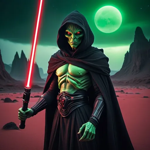 Prompt: (grotesque alien Sith Lord), (green skin), (glowing red eyes), wearing a dramatic black hood and flowing cape, gripping a fierce red lightsaber, set on a hostile alien planet, rugged terrain, ominous atmosphere, surreal alien flora, cool tone with stark contrasts, hauntingly beautiful lighting, hints of starlit sky, ultra-detailed, 4K quality.