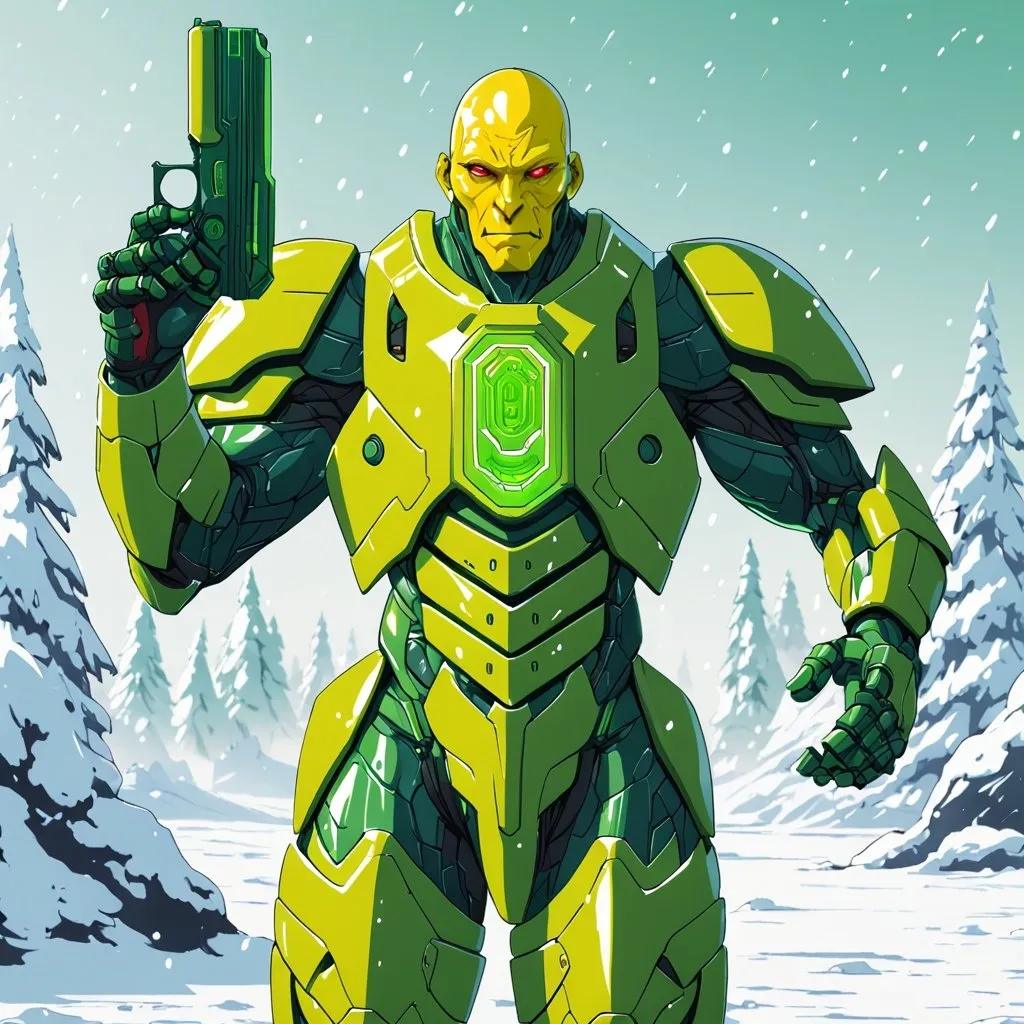 Prompt: Giant man with yellow skin and green hair and red eyes wearing lime body armour carrying futuristic hand gun in snow setting 
