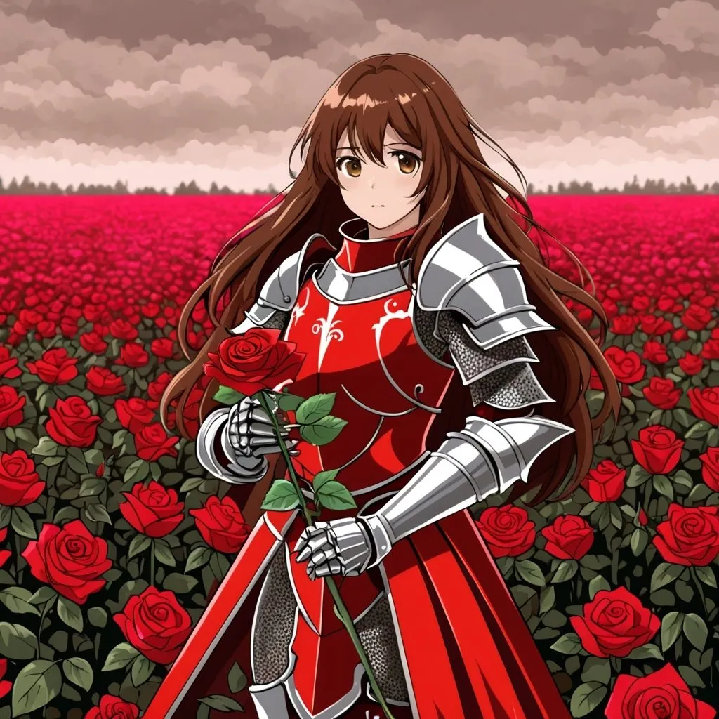 Prompt: Female knight wearing red armour with long brown hair and brown eyes holding up red rose in rose field 