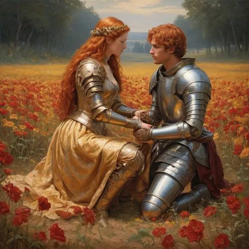 Prompt: Renaissance painting of a chivalrous knight on bended knee, holding a red-headed woman's hand in a field of golden flowers, warm and vibrant colors, intricate details on armor and clothing, romantic and dramatic lighting, oil painting, high quality, romantic, Renaissance style, golden field, detailed knight, holding hands, warm tones, dramatic lighting, vibrant colors