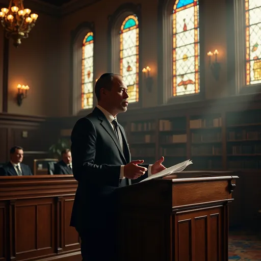 Prompt: In a grand, dimly lit courtroom, bathed in the warm glow of vintage brass chandeliers, a Jewish lawyer stands confidently at the oak podium. Their strong yet thoughtful expression reflects a deep sense of determination as they present their case. The lawyer, dressed in a tailored dark suit, with a kippa subtly resting atop their head, gestures passionately, papers in hand, while the backdrop of oak-panelled walls and towering bookshelves lined with law books adds a solemn weight to the atmosphere. Sunlight streams through tall, stained-glass windows, casting colorful patterns across the polished marble floor, highlighting the tense anticipation in the air. A moment of profound conviction captured in cinematic lighting, photorealistic detail.