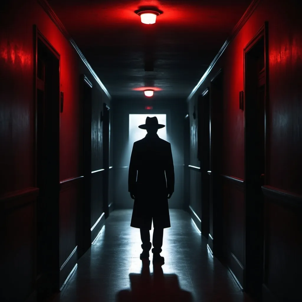 Prompt: (Hat Man silhouette), glowing red eyes, standing in a dark hallway, mysterious, ominous atmosphere, shadowy surroundings, flickering light, elongated shadows, eerie ambiance, dramatic contrast, cool tones, haunting vibes, high detail, ultra-detailed, cinematic lighting, spine-chilling tension, enigmatic presence.