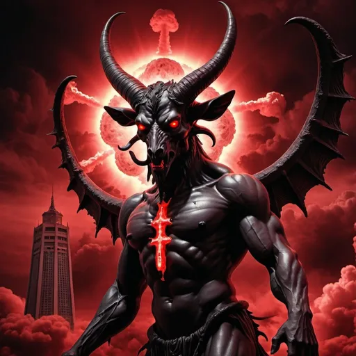 Prompt: Black Baphomet with glowing red eyes, nuclear mushroom cloud in the background, high-quality, dark art, intense crimson tones, sinister lighting
