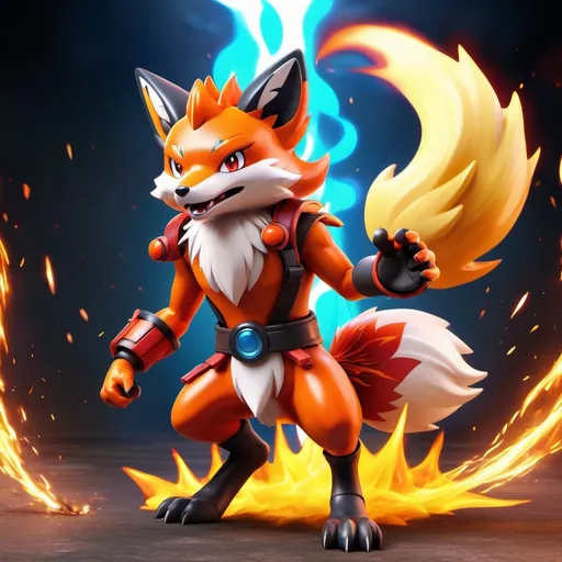 Prompt: (Flame fox fighter Pokémon), vibrant colors, dynamic poses, fiery aura, intricate details, fierce expression, background with a battle arena, high energy environment, sparks and flames surrounding, cinematic lighting, ultra-detailed, imaginative design, lively atmosphere, intense battle scene, action-oriented, mythical elements.