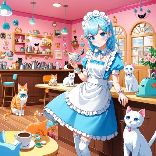 Prompt: (femboy maid), flat-chested, (shoulder-length light blue hair), (blue eyes), cozy cat café setting, playful atmosphere, soft lighting, (cats lounging around), vibrant colors, cheerful ambiance, wearing a cute maid outfit, interacting with cats, high-quality, ultra-detailed, inviting interior décor, whimsical touches, background filled with cat-themed decorations.