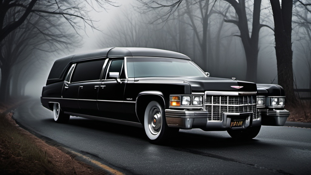 Prompt: (Black Cadillac hearse), sleek and elegant design, glossy black color, chrome accents, hauntingly beautiful, surrounded by an atmospheric fog, eerie but captivating vibe, mysterious and somber mood, high contrast lighting, ultra-detailed, hauntingly picturesque background of a darkened road, cinematic depth, ominous yet alluring ambiance, atmospheric tones.