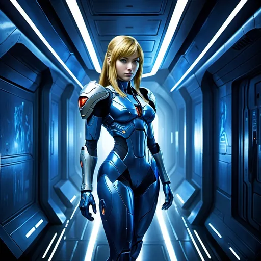 Prompt: (Samus unmasked in a dark blue jumpsuit), full body pose, spacecraft corridor, (futuristic atmosphere), illuminated with ambient blue and silver lighting, intricate metallic textures lining the walls, showcasing advanced technology, high-detail, dynamic perspective, evokes a sense of adventure and mystery, (cinematic style), ultra-detailed, high-quality image, emphasizing the sleekness of the jumpsuit.