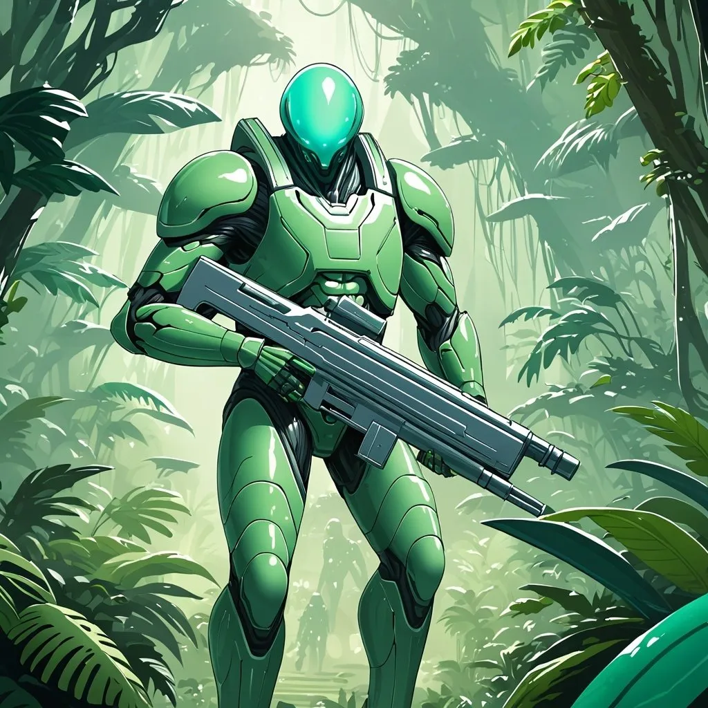 Prompt: Giant man with green hair light blue eyes wearing light green body armour carrying futuristic rifle in alien jungle 
