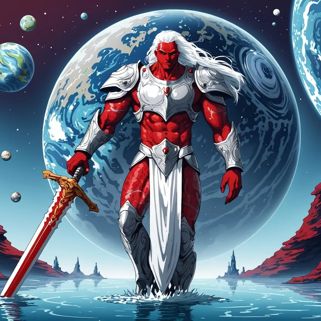 Prompt: Giant man with white hair and red skin and white eyes wear silver body armour carry sword on water planet 