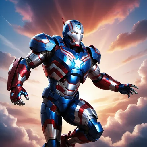 Prompt: Iron Patriot flying through the sky, digital illustration, metallic armor with patriotic colors, intense and dramatic sky, dynamic lighting, high quality, detailed rendering, action-packed, superhero, patriotic colors, vibrant sunset lighting