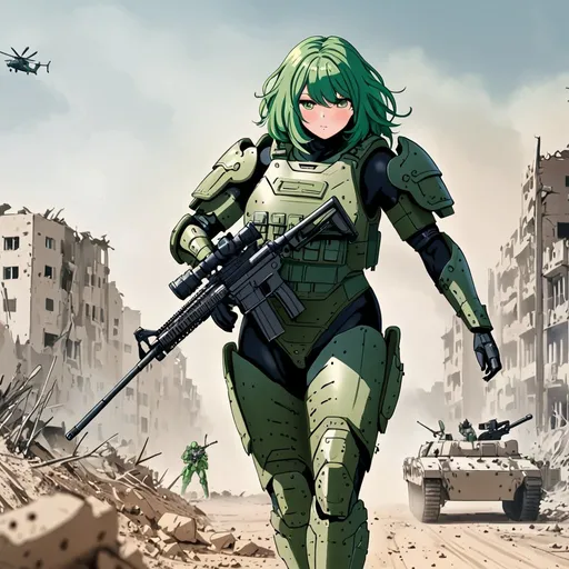 Prompt: Beautiful giant female with green hair armed with rifle wearing body armour patrolling war zone