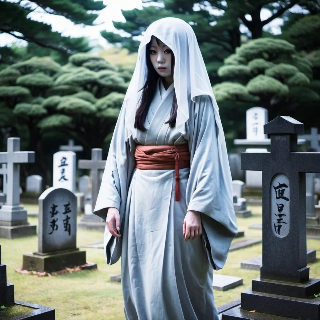 Prompt: Female Japanese ghost in Japanese graveyard 