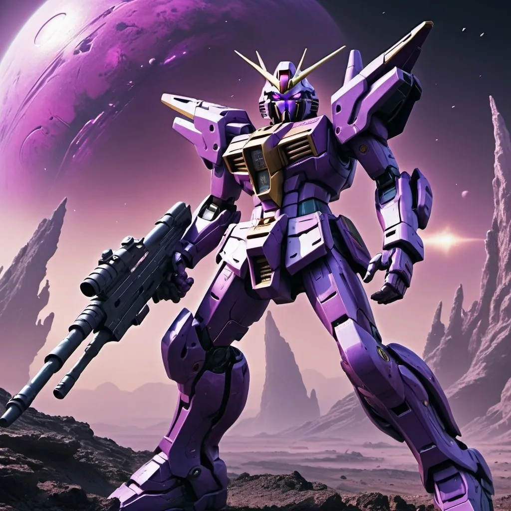 Prompt: Purple Gundam wielding futuristic rifle, alien planet landscape, detailed metallic textures, intense lighting, highres, sci-fi, futuristic, cool tones, advanced technology, alien terrain, detailed design, professional, atmospheric lighting, epic battle scene