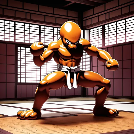 Prompt: (hitmonlee) dynamic martial arts pose, (stylized 3D rendering), vibrant colors, vivid details, high contrast shadows, cool tone highlights, action-packed background illustrating a Dojo setting, playful atmosphere, energy radiating from the figure, ultra-detailed, captivating composition that embodies movement and agility, showcasing Hitmonlee's powerful legs and focused expression.