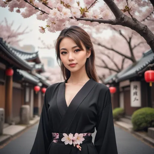 Prompt: Beautiful Eurasian girl in Tokyo, elegant black attire, cherry blossom backdrop, high quality, realistic, elegant, cool tones, soft lighting, detailed features, traditional meets modern, urban landscape