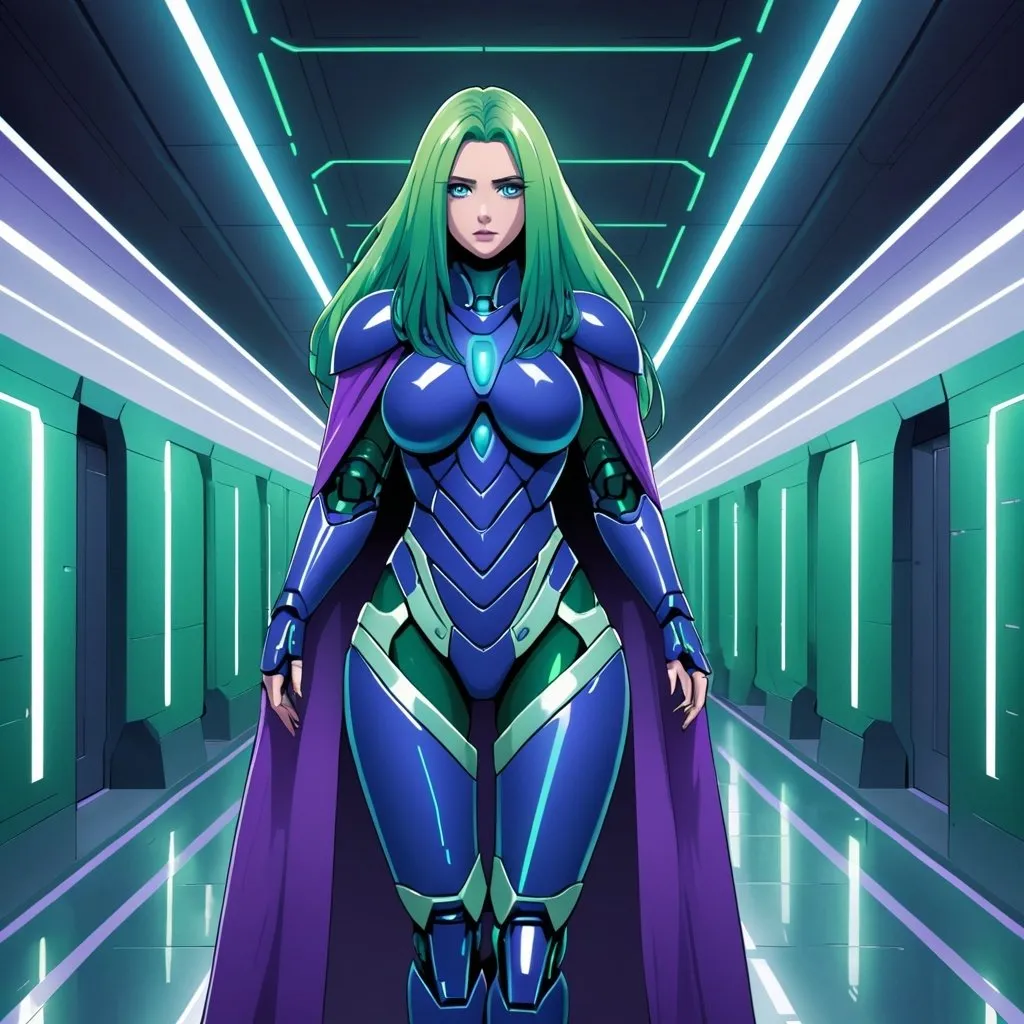 Prompt: Giant woman with long green hair and skin with blue eyes wearing dark blue body armour and long purple cape in futuristic corridor 