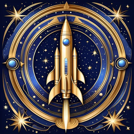 Prompt: Art deco space rocket, soaring through the vastness of deep space, surrounded by twinkling stars and celestial bodies, sleek and stylish design, dynamic movement, rich gold and silver tones, retro-futuristic aesthetic, high contrast, mesmerizing deep indigo backdrop with shimmering accents, ultra-detailed, cosmic ambiance, capturing the wonder and elegance of intergalactic adventure.