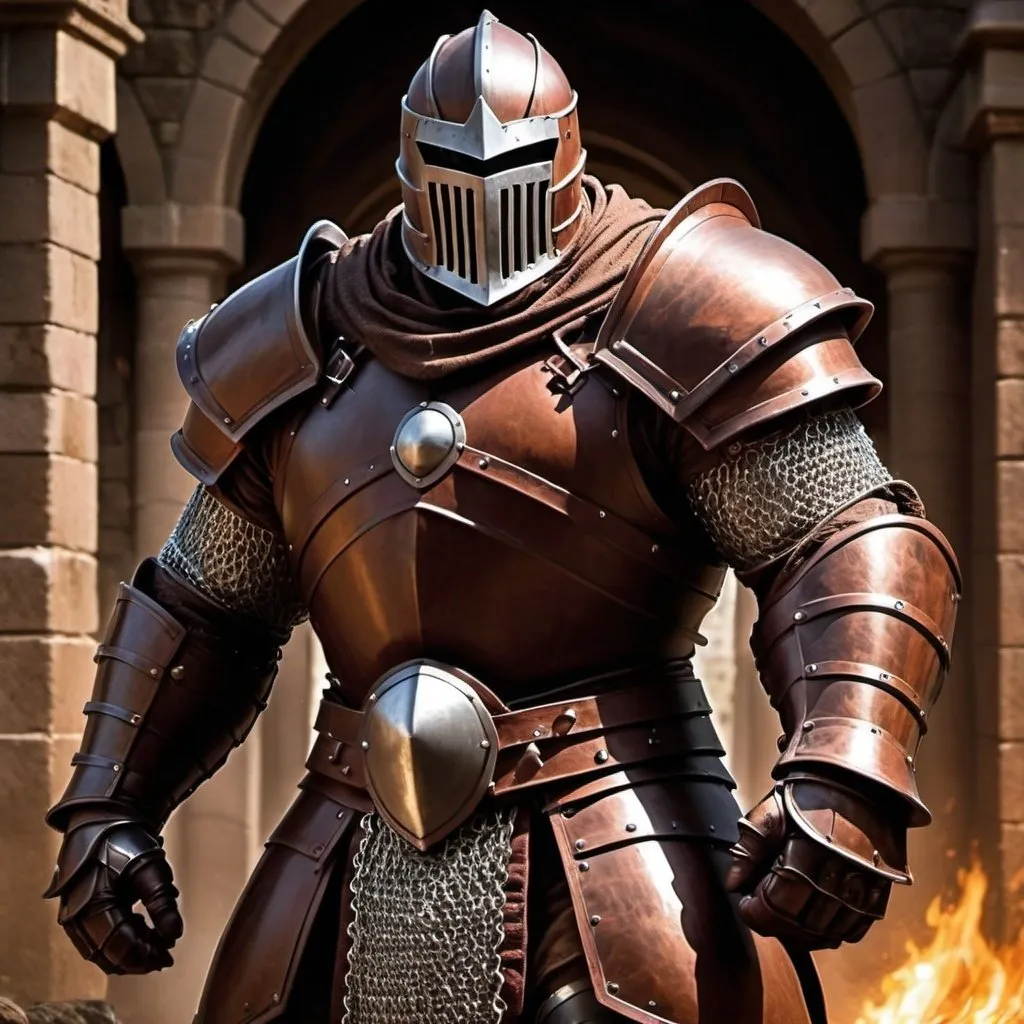 Prompt: Juggernaut from Marvel Comics as a formidable knight in heavy brown armor, medieval setting, detailed chainmail, imposing stature, powerful stance, intricate helmet design, epic battle scene, high quality, realistic, medieval, formidable, detailed armor, imposing, heroic pose, strong silhouette, professional lighting