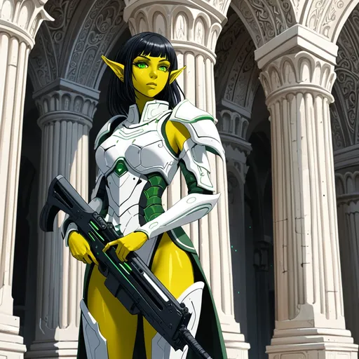 Prompt: Giant female elf yellow skin green eyes black hair white body armour holding futuristic rifle at Romanesque pillars