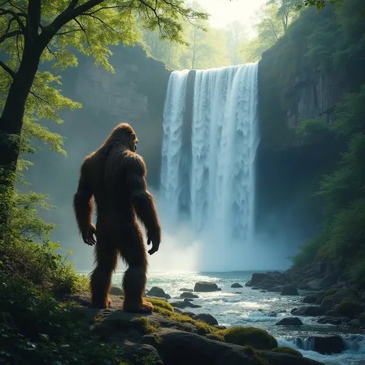 Prompt: Sasquatch gazing thoughtfully at a majestic waterfall, lush greenery surrounding the scene, crystal-clear water cascading down rocks, rich and vibrant detail, mist rising softly from the falls, sun filtering through the trees, creating dappled lighting, serene and mystical ambiance, capturing the essence of nature, ultra-detailed, 4K resolution.