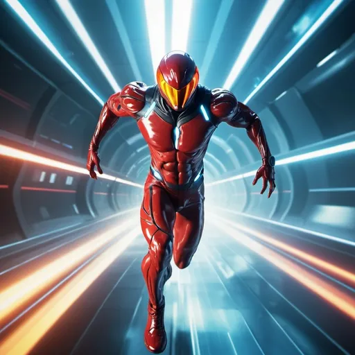 Prompt: Speed demon from Squadron Sinister running super fast through futuristic setting, digital art, powerful energy trail, dynamic composition, intense speed effect, high quality, futuristic, sci-fi, dynamic pose, vibrant colors, cinematic lighting