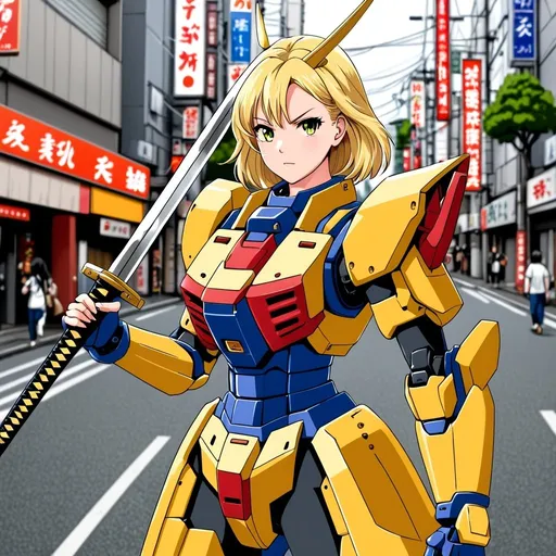 Prompt: Beautiful young blonde woman wearing gundam suit holding samurai sword in Tokyo street 