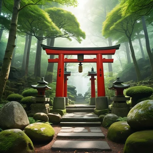 Prompt: Japanese shrine nestled in enchanting forest, surrounded by lush green trees, serene atmosphere, dappled sunlight filtering through leaves, (vibrant color palette), moss-covered stones, traditional torii gate, peaceful ambiance, (highly detailed), mystical elements, soft mist rising, (4K quality), tranquil setting, harmonious nature, inviting scenery.