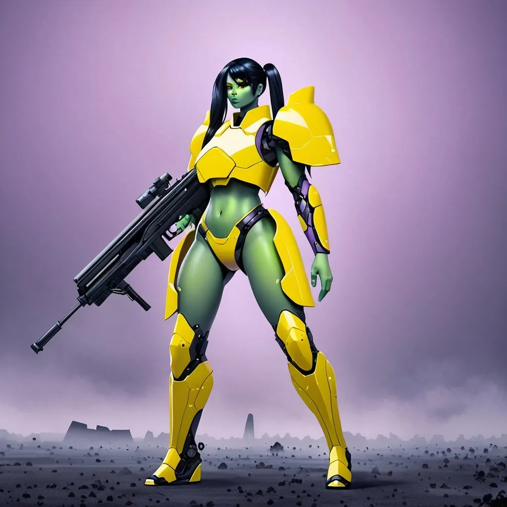 Prompt: Giant woman with black hair in pig tails and green skin wearing yellow body armour carrying futuristic rifle in purple misty background 