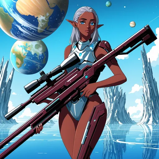 Prompt: Giant female elf burgundy skin light blue eyes grey hair brown body armour carrying futuristic sniper rifle on water planet 