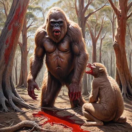 Prompt: Sasquatch feasting on kangaroo, blood dripping from its mouth, Australian bush setting, realistic painting, detailed fur and blood, intense gaze, immersive quality, naturalistic style, earthy tones, dappled sunlight