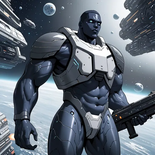 Prompt: Giant man with dark blue skin grey hair with white eyes wearing dark grey body armour carrying futuristic gun in space port setting 