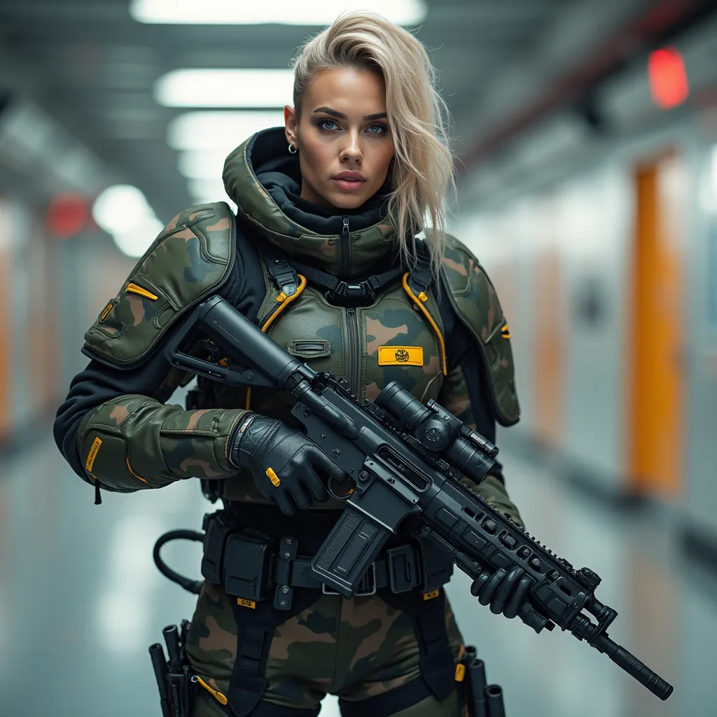 Prompt: Transgender futuristic bounty hunter wearing urban camouflage body armour carrying futuristic shotgun in futuristic setting 