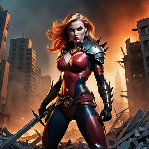 Prompt: Power Princess from Squadron Sinister, holding sword, destroyed city setting, rubble and debris, intense and powerful presence, high quality, comic book style, dramatic lighting, intense color contrast, dynamic pose, fierce expression, epic fantasy, post-apocalyptic, superhero, detailed armor and weapon, fiery and smoky atmosphere, superheroine, highres, vibrant colors, intense shadows