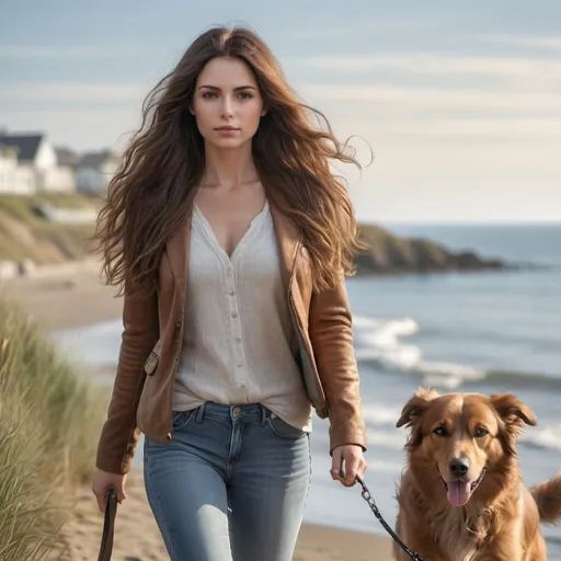 Prompt: Beautiful woman with long brown hair walking her dog, seaside setting, wistful gaze, detailed hair and eyes, highres, realistic, coastal, detailed dog, serene atmosphere, natural lighting