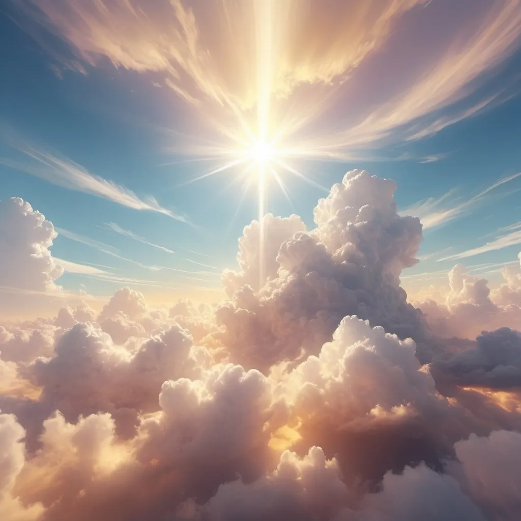 Prompt: (celestial scene) ethereal clouds, bright golden light, soft pastel colors, serene atmosphere, tranquil beauty, angelic presence, soft beams of sunlight, expansive sky, harmonious and peaceful ambiance, ultra-detailed, vivid imagery, dreamlike quality, breathtaking perspective, warm harmony, a sense of divine tranquility, awe-inspiring view, HD visuals