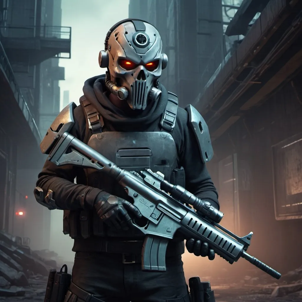 Prompt: Sci-fi bounty hunter with a grey skull-faced mask, carrying a laser rifle, in a dystopian setting, high-tech 3D rendering, dark and gritty atmosphere, cyberpunk, detailed futuristic weapon, futuristic cityscape backdrop, professional digital art, intense lighting, highres, detailed textures, cool tones, intense and focused gaze, cybernetic enhancements, menacing atmospheric lighting, ultra-detailed