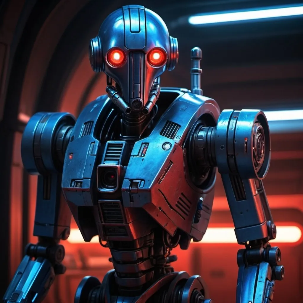 Prompt: Q9-0 mercenary droid, metallic textures, high-tech blaster rifle, futuristic spacecraft interior, advanced robotic design, intense red and blue lighting, digital artwork, sci-fi, mechanical details, intense and focused gaze, professional, highres, ultra-detailed, futuristic, cyberpunk, atmospheric lighting