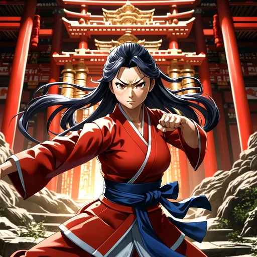 Prompt: Mai Shiranui in (dynamic fighting stance), (traditional temple background), vibrant colors, (dramatic lighting) highlighting intricate temple details, atmospheric, strong emotions of intensity, fight-ready posture, flowing hair, traditional outfit detailing, focused facial expression, high quality, ultra-detailed, 4K resolution, blending cultural elements with action.