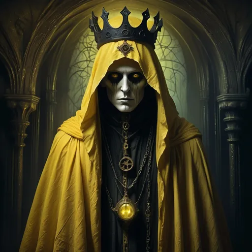 Prompt: The King in Yellow, hauntingly enigmatic figure, ethereal cloak flowing, whispers of madness and despair, embellished with arcane symbols, eerie atmosphere, dimly lit room shadows, spectral light illuminating details, sinister undertones, surreal and dreamlike background, high-quality, ultra-detailed, evoking dread and intrigue, perfect for a gothic-inspired art piece.