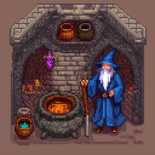 Prompt: Wizard stirring cauldron inside castle, blue robes, pointed hat, magical atmosphere, ancient architecture, mystical lighting, high quality, detailed robes, fantasy, magical, atmospheric lighting, ancient, wizardry, cauldron, castle interior, detailed textiles, professional