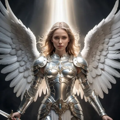 Prompt: Angel in silver armor descending from heaven, holding a sword, celestial glow, ethereal wings, angelic face with serene expression, metallic texture, detailed armor, high quality, heavenly, celestial, ethereal, silver armor, glowing sword, serene expression, detailed wings, professional, divine lighting