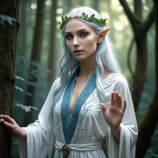 Prompt: Tall female elf priestess in serene forest, blue skin, white flowing robes, mystical aura, intricate leaf patterns on robes, ethereal, high quality, fantasy, detailed facial features, elegant posture, serene lighting, forest setting, magical, mystical, ethereal beauty, long white robes, woodland, peaceful, enchanting ambiance