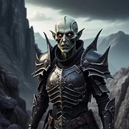 Prompt: Zombie elf in black armor, eerie mountain landscape, dark and haunting atmosphere, high-quality 3D rendering, fantasy, horror, eerie lighting, detailed armor, undead, fantasy, haunting, eerie color tones, fantasy, detailed facial features, rugged terrain